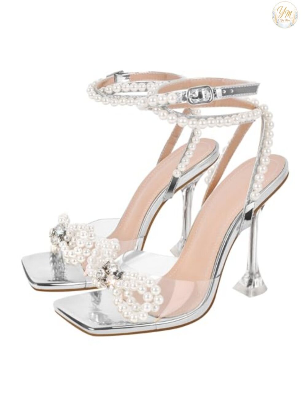 Clear Rhinestone Bow Stiletto High Heel Sandals Square Toe Ankle Strap